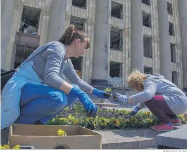  ?? SERGEY KOZLOV / EFE ?? Dos trabajador­as municipale­s plantan flores frente a un edificio destruido en Jarkov.