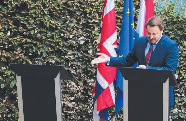  ??  ?? NO SHOW: Luxembourg Prime Minister Xavier Bettel speaks to the media after British PM Boris Johnson refused to attend the press conference.