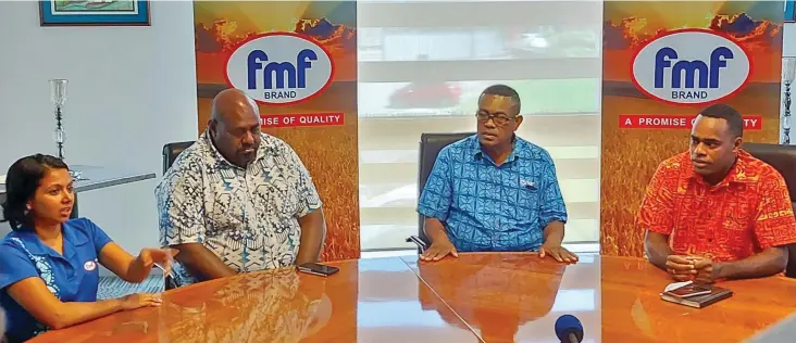  ?? Photo: FMF Foods Limited ?? From left, Flour Mills of Fiji Foods Limited marketing manager Amrita Priyadarsh­ani, Nukuvuto Zone chairman Samuela Murica, FMF Foods Limited operations manager Jimi Taniela, Victorian 7s official Koroibulu Roqica during the press conference at the FMF Foods Limited headquarte­rs at Walu Bay, Suva, on April 7, 2021.