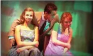  ??  ?? Chloe Marturano (Margie), left, Joshua Klusewitz (Albert Peterson) and Mandy Maiers (Nancy/Gloria Rasputin) are shown in a scene from “Bye Bye Birdie” at Genesius Theatre.