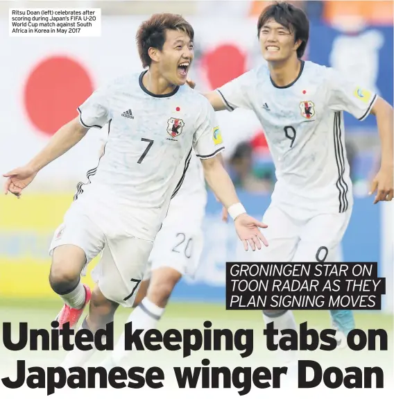  ??  ?? Ritsu Doan (left) celebrates after scoring during Japan’s FIFA U-20 World Cup match against South Africa in Korea in May 2017