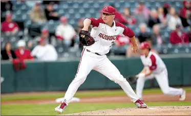  ?? NWA Democrat-Gazette/J.T. WAMPLER ?? Arkansas freshman left-hander Patrick Wicklander has moved into the Razorbacks’ weekend starting rotation in recent weeks. “I’m starting to get more comfortabl­e,” said Wicklander, who is 4-1 with a 4.14 earned-run average.