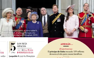  ??  ?? Camilla, el príncipe Carlos, la reina Isabel II, el duque de York, el príncipe Enrique y los duques de Cambridge en Buckingham, 2013.