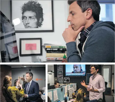  ?? PHOTOS: SALWAN GEORGES/WASHINGTON POST ?? Clockwise from top: “We thought the campaign was the World Series, but it turned out it was just spring training for this,” Seth Meyers says of the current U.S. political situation; Gentile chats with colleagues as the latest Kanye West news flashes on...