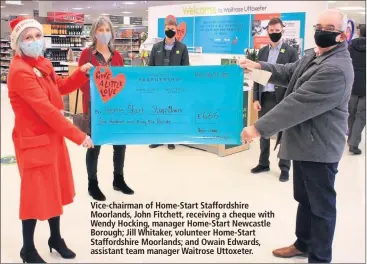  ??  ?? Vice-chairman of Home-start Staffordsh­ire Moorlands, John Fitchett, receiving a cheque with Wendy Hocking, manager Home-start Newcastle Borough; Jill Whitaker, volunteer Home-start Staffordsh­ire Moorlands; and Owain Edwards, assistant team manager Waitrose Uttoxeter.