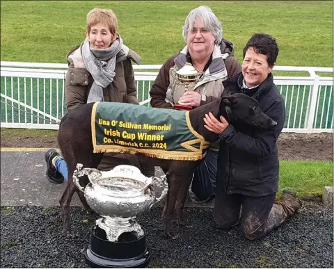  ?? Photo by Moss Joe Browne ?? Enjoying that special moment with the Irish Cup are joint owners Bridget Byrne and Paul Horig and handler Fiona Wilmot.