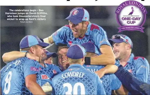  ?? Picture: Ady Kerry ?? The celebratio­ns begin – Ben Harmison jumps on David Griffiths, who took Gloucester­shire’s final wicket to wrap up Kent’s victory