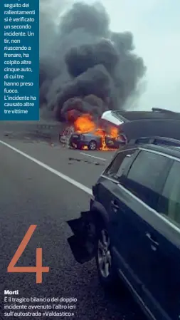  ??  ?? La tragedia Martedì sull’autostrada A31 al casello di Albettone un’auto si è schiantata contro il guardrail (un morto). A seguito dei rallentame­nti si è verificato un secondo incidente. Un tir, non riuscendo a frenare, ha colpito altre cinque auto, di...