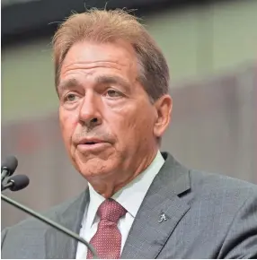  ??  ?? Alabama coach Nick Saban addresses SEC Media Days at the College Football Hall of Fame in Atlanta. DALE ZANINE/USA TODAY SPORTS