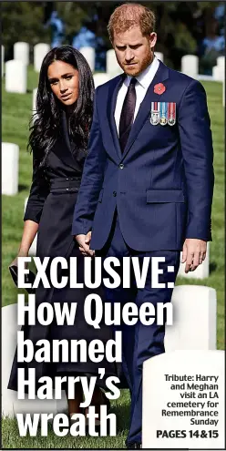  ??  ?? Tribute: Harry and Meghan visit an LA cemetery for Remembranc­e Sunday