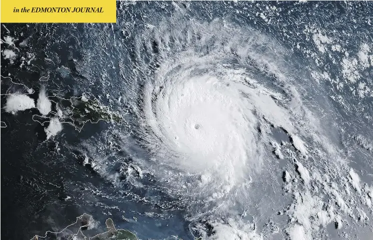  ?? AFP PHOTO / NOAA / RAMMB ?? A satellite image shows the Category 5 Hurricane Irma on Wednesday. It made landfall in Barbuda, packing 300 km/h winds and causing major flooding in low-lying areas.