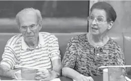  ?? WILFREDO LEE/AP ?? Vera Karliner, right, speaks during an interview, along with her husband Herb, left, who was on a ship that was full of Jewish refugees but was turned away from the U.S. in 1939.