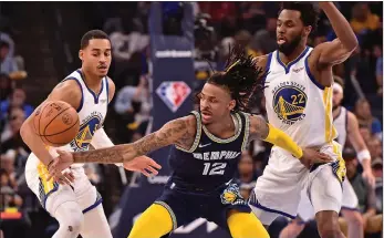  ?? Tribune News Service/getty Images ?? Ja Morant (12) of the Memphis Grizzlies handles the ball against Jordan Poole (3) of the Golden State Warriors during Game Two of the Western Conference Semifinals of the NBA Playoffs at Fedexforum in Memphis, Tennessee.
