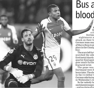  ??  ?? Monaco’s Kylian Mbappe-Lottin (right) celebrates scoring the third goal as Borussia Dortmund’s Roman Burki looks dejected during the UEFA Champions League quarter final first leg match at Signal Iduna Park in Dortmund, Germany in this April 12 file...