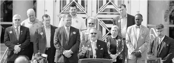  ?? JOE BURBANK/ORLANDO SENTINEL ?? Windermere Mayor Gary Bruhn talks about the importance of home rule Feb. 9 during a news conference with mayors from various Central Florida cities, in front of Orlando City Hall.