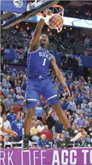  ?? JEREMY BREVARD/USA TODAY SPORTS ?? Duke’s Zion Williamson is the presumptiv­e top pick in June’s NBA draft.