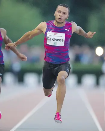  ?? GERRY KAHRMANN ?? Andre De Grasse dashes to a time of 10.17 to win the men’s 100-metre event at the Vancouver Sun Harry Jerome Track Classic at Percy Perry Stadium in Coquitlam on Wednesday.