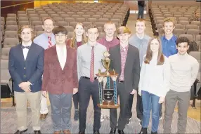  ?? LYNN KUTTER ENTERPRISE-LEADER ?? For the third consecutiv­e year, Farmington High’s Academic Competitio­n in Education team won the season championsh­ip. Members of the 2019-20 team are (front, left) Connor Sharp, Daniel Park, Joshua Jowers, Reid Petrie, Katie Jansson, Omar Qedan; (back, left) Clayton Williams, Kathryn Bale, Clayton Williamson, Jonathan Brye, Weston Sills.