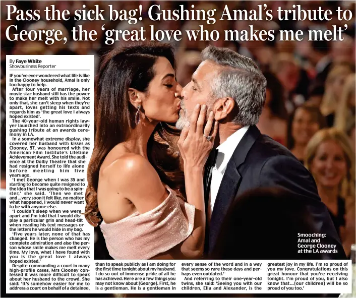  ??  ?? Smooching: Amal and George Clooney at the LA awards