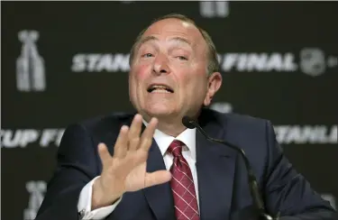  ?? CHARLES KRUPA — THE ASSOCIATED PRESS FILE ?? In this May 27, 2019, file photo, NHL Commission­er Gary Bettman speaks to the media before Game 1of the NHL hockey Stanley Cup Finals between the St. Louis Blues and the Boston Bruins, in Boston.