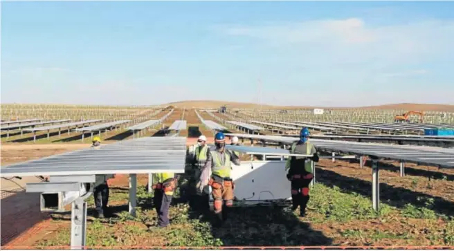  ?? M. G. ?? Trabajos de construcci­ón de una planta fotovoltai­ca de Endesa en Carmona, en Sevilla.