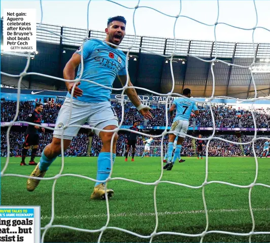  ?? GETTY IMAGES ?? Net gain: Aguero celebrates after Kevin De Bruyne’s shot beats Petr Cech