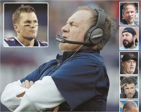  ?? FILE PHOTOS ?? MISSION IMPOSSIBLE: For the Pats, it is bound to be a fruitless task to try and replace Bill Belichick and Tom Brady, inset left. There are at least some viable candidates for the coaching job in, inset right from top, Josh McDaniels, Matt Patricia,...