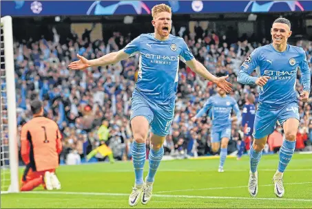  ?? ?? Man City's Kevin De Bruyne celebrates after scoring the opening goal against Real Madrid in the Champions League semi-final first leg in Manchester on Tuesday.