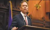  ?? Jessica Hill / Associated Press ?? Gov. Ned Lamont addresses the House and the Senate at the State Capitol in Hartford Thursday.