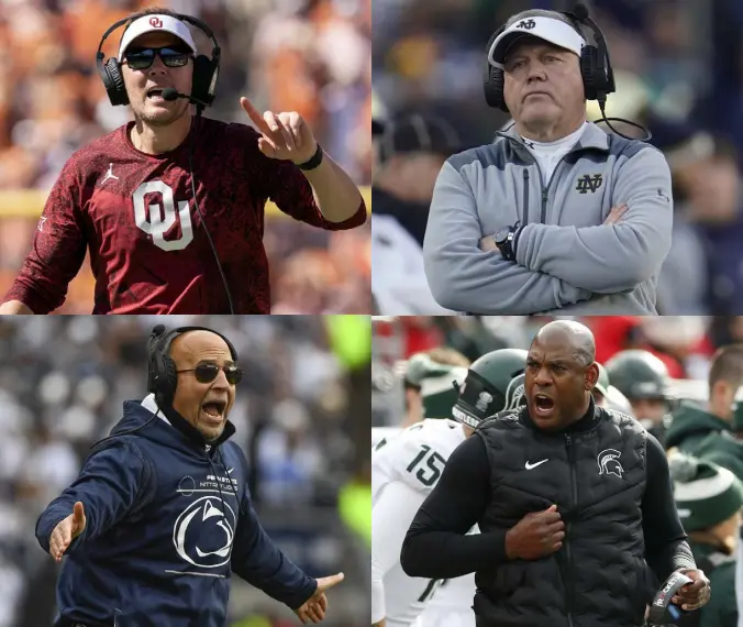  ?? Associated Press file photos ?? Clockwise from bottom left, Penn State coach James Franklin; former Oklahoma coach Lincoln Riley, now at USC; former Notre Dame coach Brian Kelly, now at LSU; and Michigan State head coach Mel Tucker. What do they have in common? All four have scored enormous paydays.