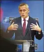  ?? OLIVIER ?? NATO Secretary General Jens Stoltenber­g speaks to the press in Brussels, Belgium, on Friday.