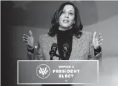  ?? AMR ALFIKY/THE NEW YORK TIMES ?? Vice President-elect Kamala Harris speaks on policy Saturday in Wilmington, Delaware.