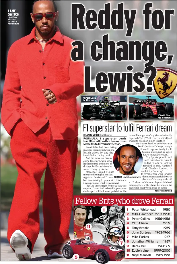  ?? ?? LANE SWITCH Hamilton will soon be seen in new colours
FLYER Lewis for Mercedes
RECORD
ICONIC The red of Ferrari