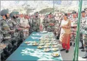  ?? PTI FILE ?? Defence minister Nirmala Sitharaman interacts with officers and jawans at Kibithu, Arunachal Pradesh, on Sunday.