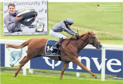  ??  ?? ■ Serpentine and Emmet Mcnamara win the Derby at Epsom Racecourse yesterday