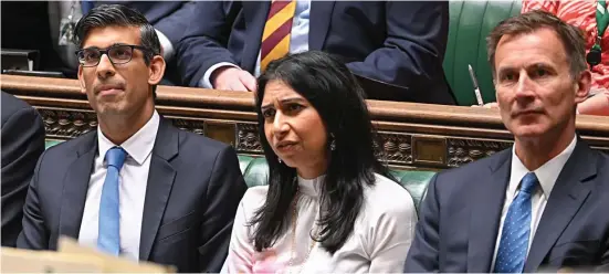  ?? ?? Back to the day job: Rishi Sunak, Suella Braverman and Jeremy Hunt during Prime Minister’s Questions in the Commons yesterday