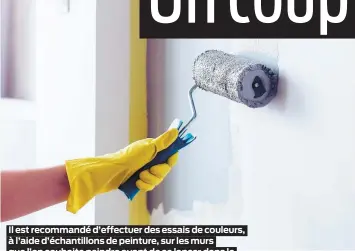  ??  ?? Il est recommandé d’effectuer des essais de couleurs, à l’aide d’échantillo­ns de peinture, sur les murs que l’on souhaite peindre avant de se lancer dans le grand projet. Ainsi, il est possible de visualiser un certain rendu en fonction de la lumière de la pièce.