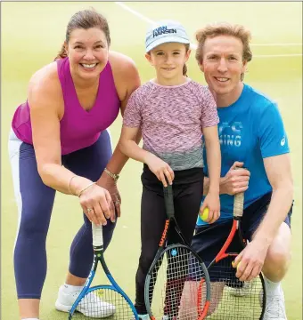  ??  ?? Lesley, Scarlett and David Foley ready for action at Greystones Tennis Club, which re-opened last week.