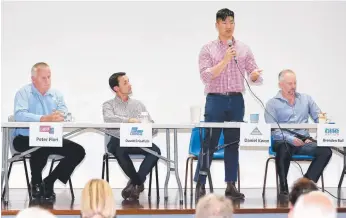  ??  ?? Candidates at the debate Peter Flori, David Crisafulli, Daniel Kwon and Brenden Ball.