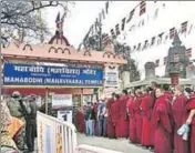  ?? PTI PHOTO ?? Security on high alert in Bodh Gaya on Saturday following the recovery of two live bombs near the Mahabodhi temple. The bombs were recovered on Friday.