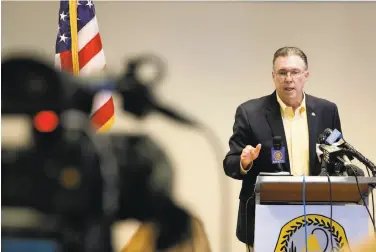  ?? Photos by Connor Radnovich / The Chronicle ?? San Bruno Mayor Jim Ruane speaks about the recovery effort after the natural gas pipeline blast in 2010.