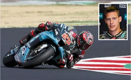  ?? — AP/AFP ?? Giving his best: Fabio Quartararo in action during the Emilia Romagna Grand Prix at the Misano circuit in Italy. Inset: Quartararo speaking at a press conference.