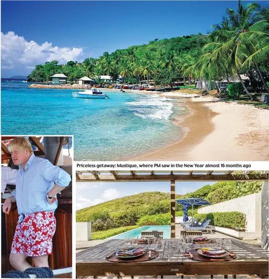  ??  ?? Taking it easy: Boris Johnson
Priceless getaway: Mustique, where PM saw in the New Year almost 16 months ago
Luxury: The lavish villa Indigo, where Mr Johnson and Miss Symonds enjoyed a ten-day break