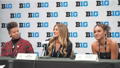  ?? ABBIE PARR/AP ?? Ohio State players Rikki Harris, left, Jacy Sheldon, center, and Celeste Taylor answer questions during Big Ten Media Day on Monday in Minneapoli­s.
