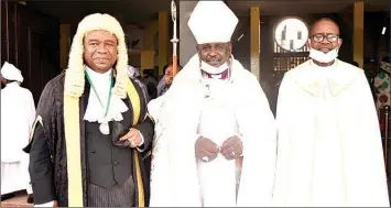  ?? PHOTO: NAJEEM RAHEEM ?? Deputy Chancellor, Ibadan Anglican Diocese, Chief Bolaji Ayorinde ( SAN)( left); Bishop of Ibadan Anglican Diocese, Bishop Joseph Akinfenwa and Provost, The Cathedral of St. James The Great, Rev’d David Olagbaju, during the Easter Sunday service at The Cathedral of St. James The Great, Oke Bola, Ibadan, Oyo State