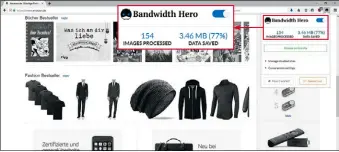  ??  ?? Das Add-on Bandwidth Hero für Chrome und Firefox komprimier­t Bilder, damit sie schneller dargestell­t werden. Im Beispiel spart Bandwidth Hero auf der Startseite von Amazon.de fast 80 Prozent der Daten.