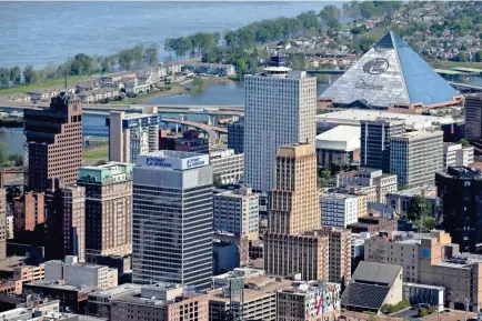  ?? MAX GERSH / THE COMMERCIAL APPEAL ?? Aerial view of downtown Memphis on Thursday, April 9, 2020.