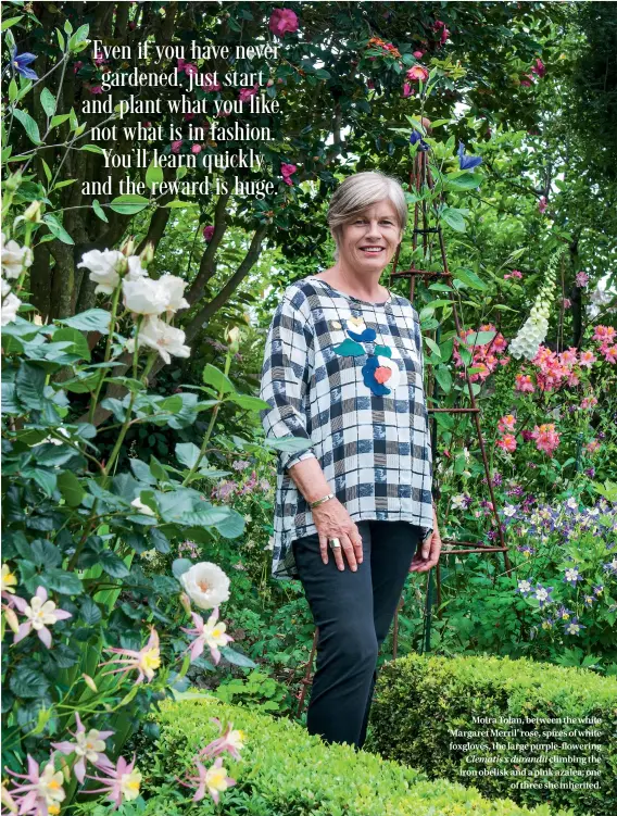  ??  ?? Moira Tolan, between the white ‘Margaret Merril’ rose, spires of white foxgloves, the large purple-flowering Clematis x durandii climbing the iron obelisk and a pink azalea, one of three she inherited.