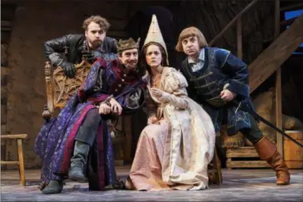  ?? ROGER MASTROIANN­I ?? Josh Innerst, left, as Sir Guy; Price Waldman, as Prince John; Andrea Goss, as Deorwynn; and Steven Rattazzi, as the Sheriff of Nottingham, perform in the Cleveland Play House’s “Ken Ludwig’s Sherwood: The Adventures of Robin Hood.”