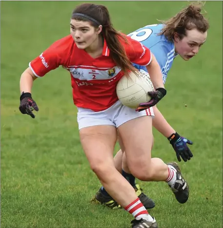  ??  ?? Defender Marie Ambrose holds the ball against Dublin in the Lidl Ladies National Football League in Mallow Photo by John Tarrant